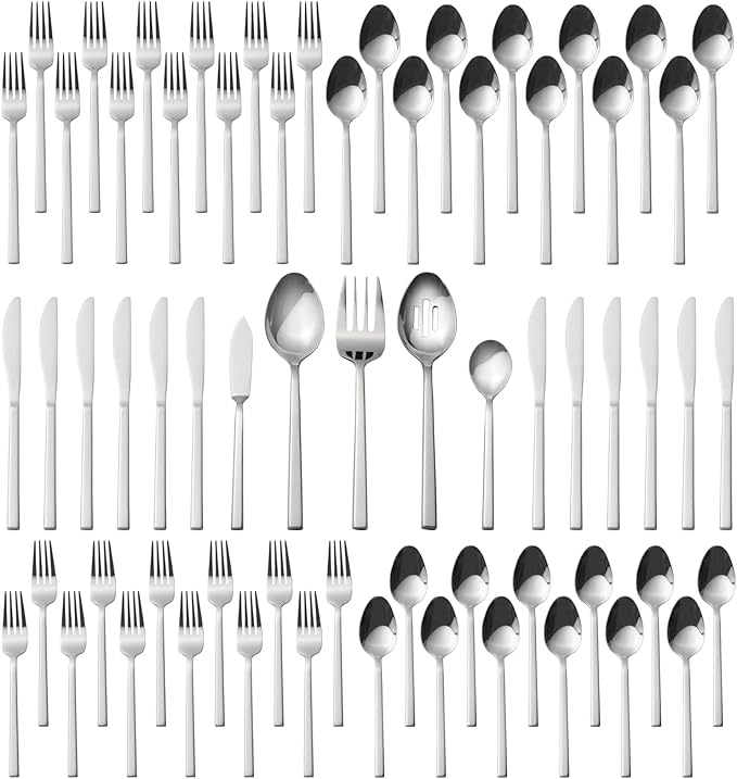 Alata Cube 65-Piece Forged Stainless Steel Flatware Set Cutlery Set with Utensil-Serving Set, Silverware Set Service for 12, Mirror Finish, Dishwasher Safe