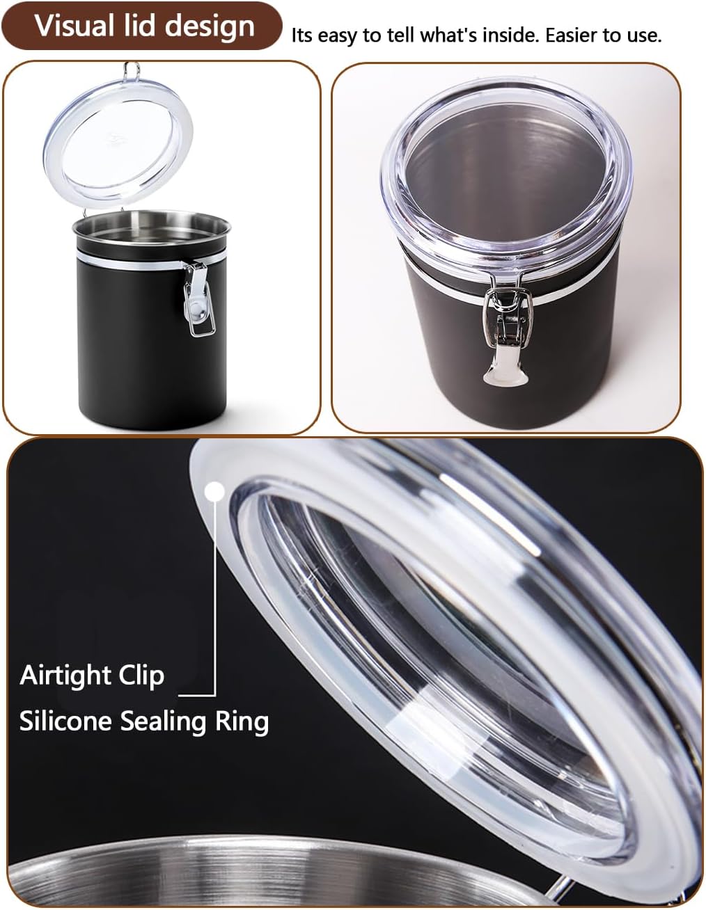 Stainless Steel Food Container with Clear Lids Airtight Container Stackable Small Canisters Kitchen Pantry Storage for Cereal, Snacks, Candy, Herbs, Spices, Sugar, Tea (1.8L Dark Black-2)