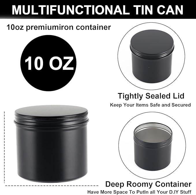 OBKJJ Black Candle Jars 10 oz Matte Tins 24 PCS Metal Candle Containers with Lids Bulk Candle Containers for Balms, Salve, Spices, Beard Balm, Crafts with 4 Markers 6 Sheets Label Stickers