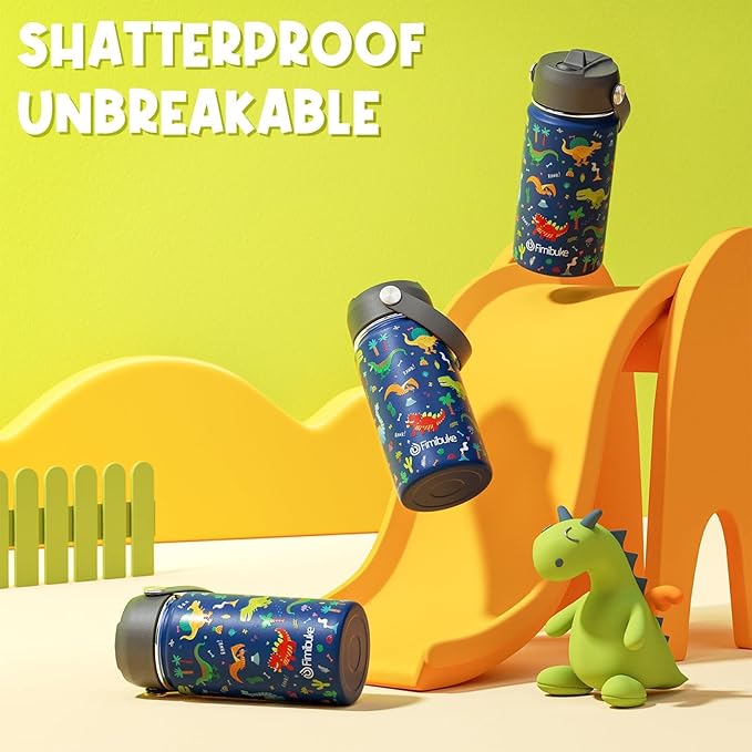 Fimibuke Kids Insulated Water Bottle, 14oz BPA FREE Double Wall Vacuum Tumbler 18/8 Stainless Steel Leak Proof Kids Cups with Straw Metal Bottles for School Boys Girls (2 Pack, Trucks/Green Dinosaur)