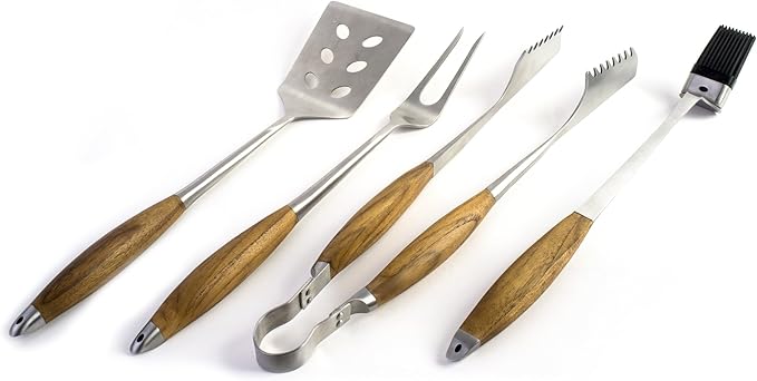 Schmidt Brothers - BBQ Bonded Teak 4 Piece Grilling Accessory Set, Full-Forged Stainless Steel Grilling Utensils Including Spatula, Fork, Basting Brush, and Tongs with All Wood Handles