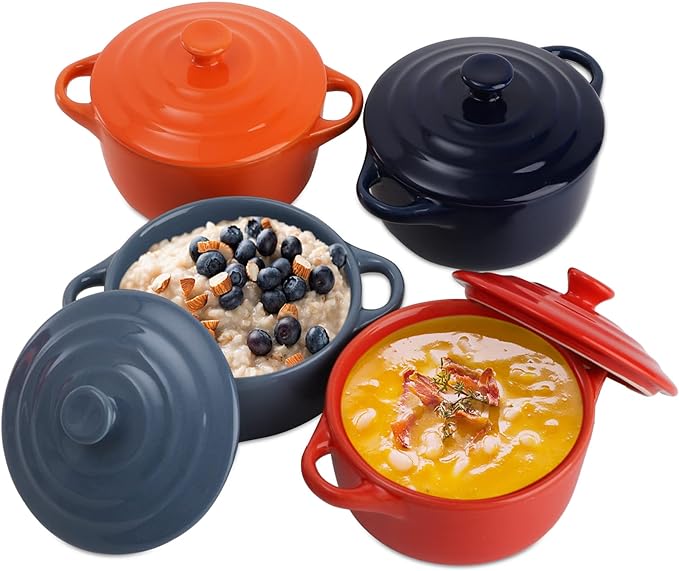 Jucoan 4 Pack Porcelain Ramekin with Lids and Handles Oven Safe, 8 oz Round Ramekins Souffle Creme Brulee Baking Dish, Pudding Custard Dish, Individual Servings Mini Casserole Dishes, 4 Colors