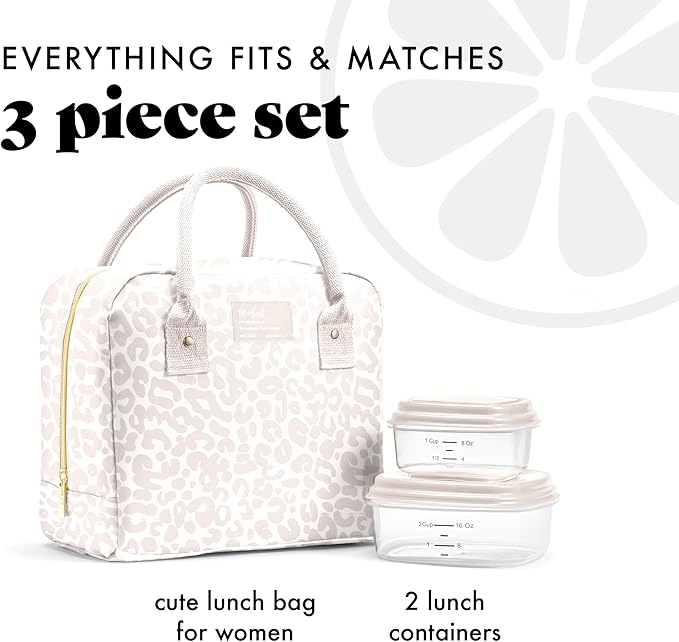 Fit & Fresh Bloomington Lunch Bag for Women - Insulated Large Lunch Box for Work with Containers, Leak-Resistant, Stain-Resistant, Zipper Closure, Feline Fine Ivory