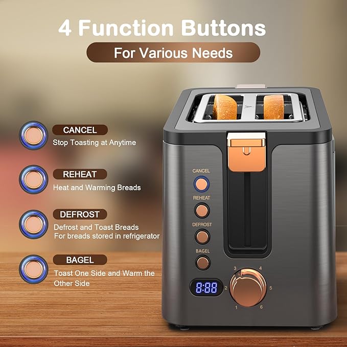 Mecity Toaster 2 Slice Stainless Steel Body Timer, Bagel/Defrost/Reheat/Cancel Functions,Warming Rack, Removable Tray, 6 Browning Settings, Extra Wide Slots, Bread Toaster, 120V 800W Grey