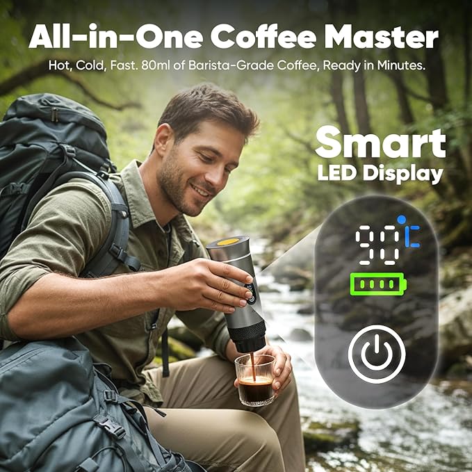 Portable 3-in-1 Espresso Coffee Maker, Self-Heating & Rechargeable with Smart Display — Works with Ground Coffee, Small & Large Capsules; Travel & Camping Mini Machine, 20-Bar Extraction, 80 ml Cup