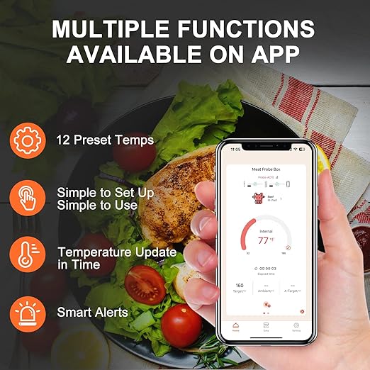 Long Range Wireless Smart Meat Thermometer with Bluetooth Booster, for Oven, Grill, Kitchen, BBQ, Smoker, Rotisserie, Black