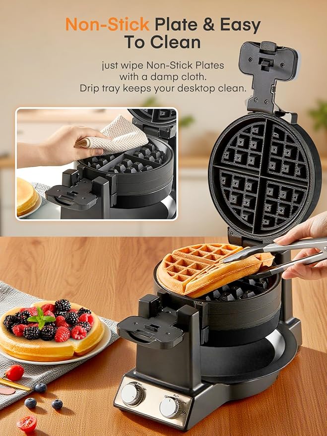 FOHERE 2-in-1 Omelette Maker&Waffle Maker, 1400W Omelet Maker 180° Flip, Adjustable Browning Control, Non-Removable & Nonstick Pans, Make Two Omelet and One Waffle at Once for Home (Dark Black)