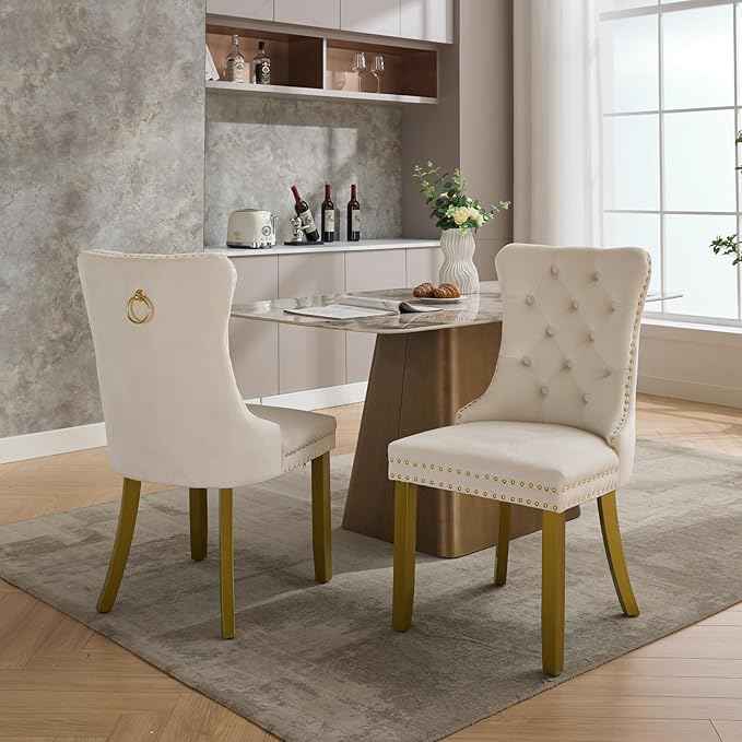 Velvet Dining Chairs Set of 2, Kitchen & Dining Room Chairs, Upholstered Dining Chairs with Back Ring Pull and Golden Solid Wood Legs, Modern Tufted Kitchen Chairs for Dining Room, Cream