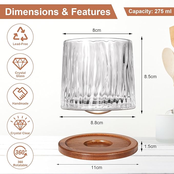 Rotatable Old Fashioned Glass Cup, 10oz/275ml Crystal Whiskey Glass, Wood Coaster, Thickening, Used as Rum Glass, Cocktail Cup, Coffee, Milk to Relax and Reduce Stress, Ideal Gift, Christmas gifts