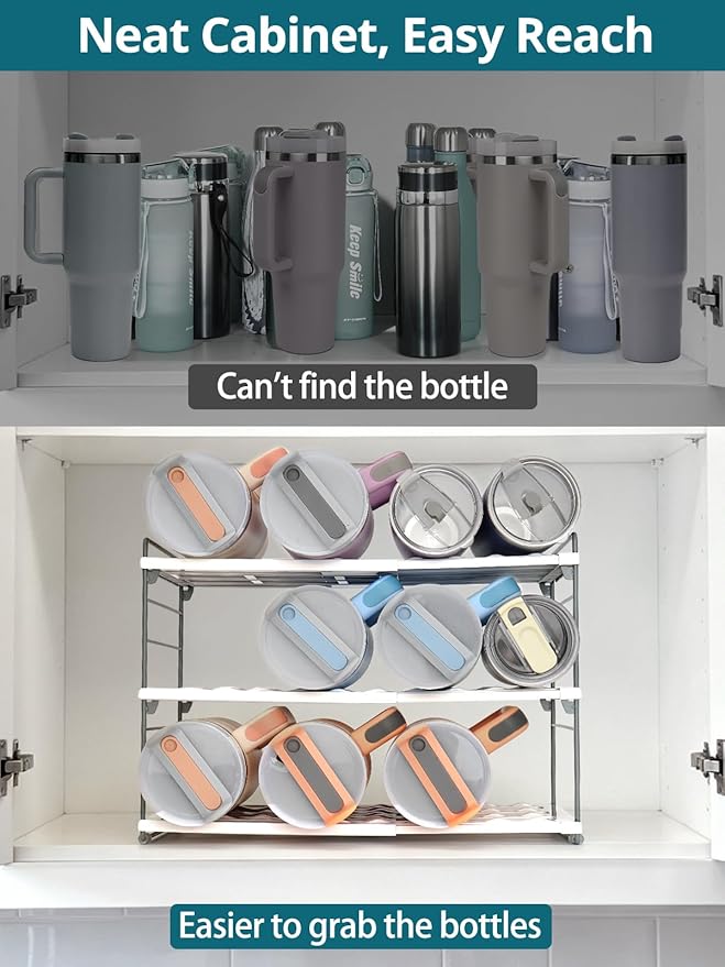 Upgraded Large Expandable Water Bottle Organizer Designed for 40 oz Stanley, Owala & Yeti Tumblers, Adjustable Storage Rack for Travel Mug Cabinet, Pantry, and Kitchen Organizer, Fits 20/30 oz Bottles