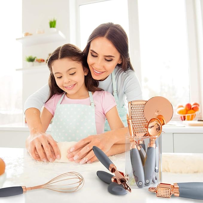 COOK WITH COLOR Kitchen Gadget Set Copper Plated Stainless Steel Utensils with Soft Touch Handles, Copper Grey, 7 Pieces