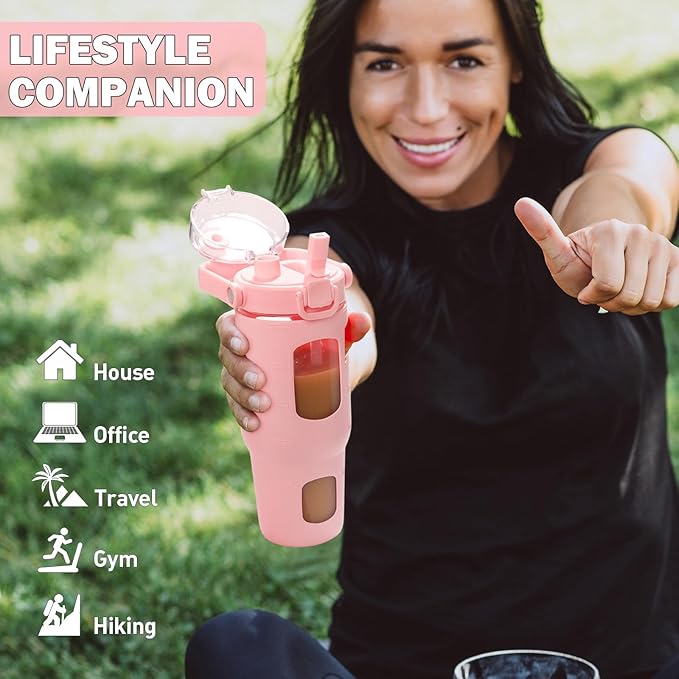 BLUEGO 32oz Glass Water Bottles with Straw Time Marker Half Gallon Large Motivational Water Bottle with Silicone Sleeve 2 Liter Large Glass Water Jug for Gym, Sports& Workout, Daily, Pink