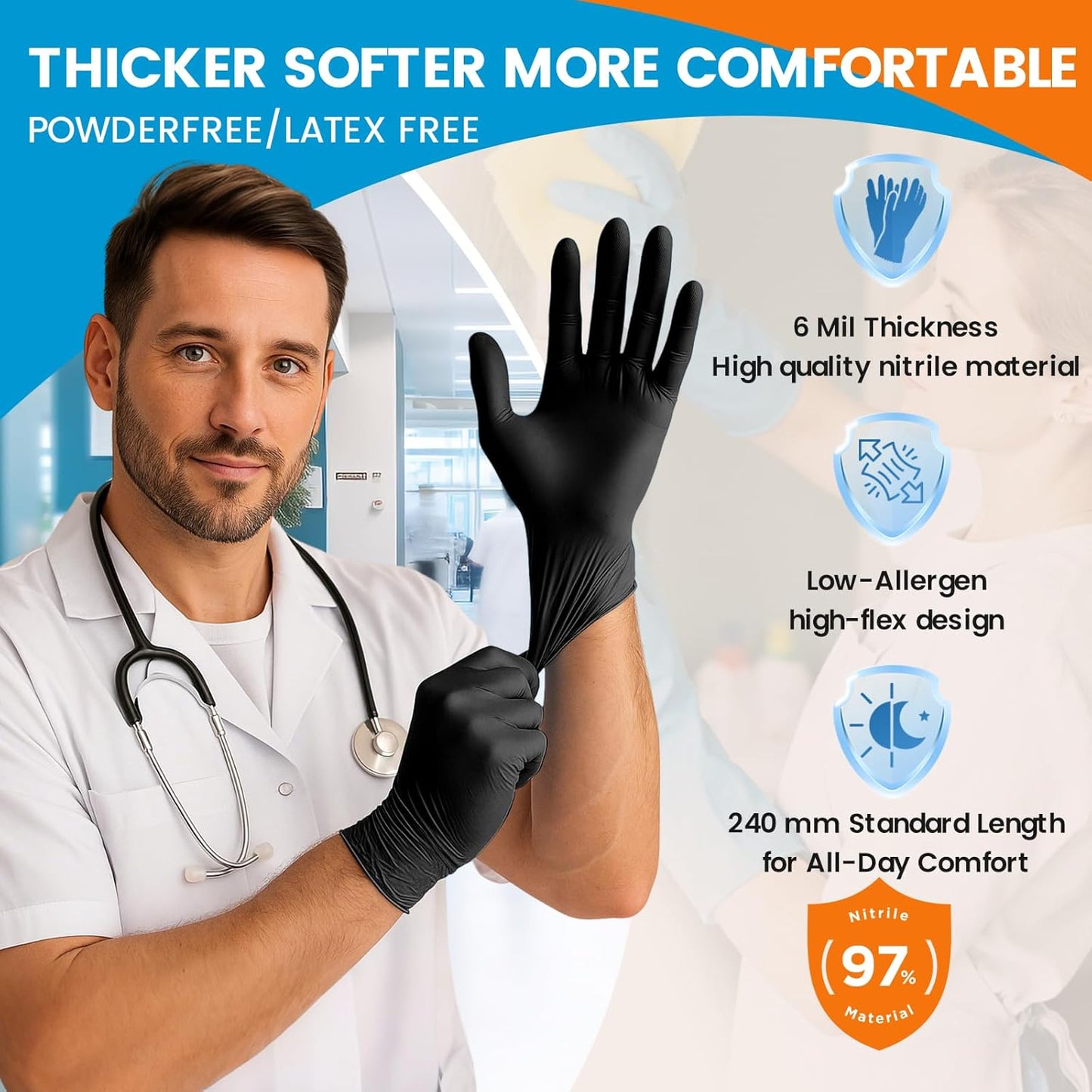 6 mil Disposable Nitrile Gloves, Heavy Duty Disposable Glove, Cooking Gloves, Latex Free, Powder Free (Black of 1000, Medium)