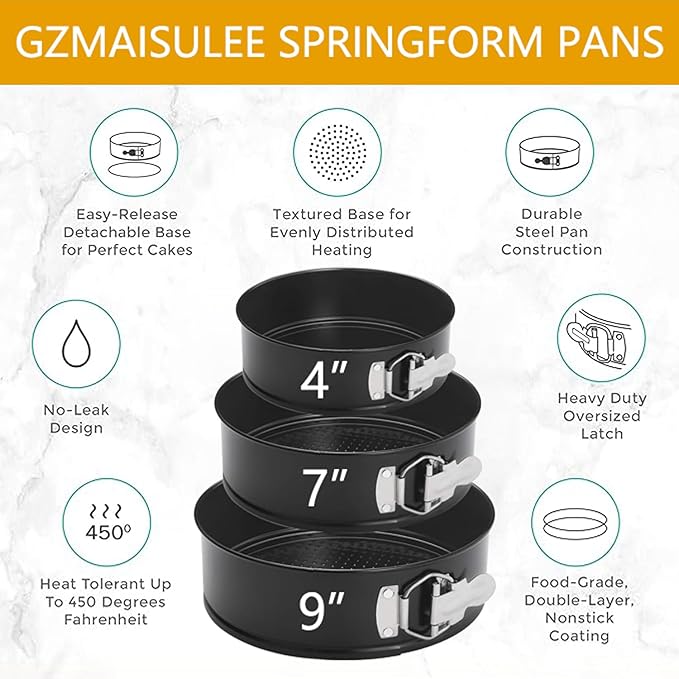 Springform Cake Pan Set of 3 (4, 7, 9 Inch) Round Leakproof Nonstick Cheesecake Pans with Removable Bottom Carbon Steel Bakeware