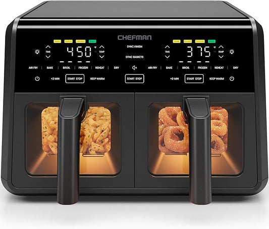 Chefman Dual Air Fryer Oven with DC Motor, 9 Qt. Double Basket Air Fryer with 450°F Max Temp for Meals in Minutes, Bake, Broil, Dehydrate, Reheat for Extra-Crispy Chicken, Fries, and More - Black