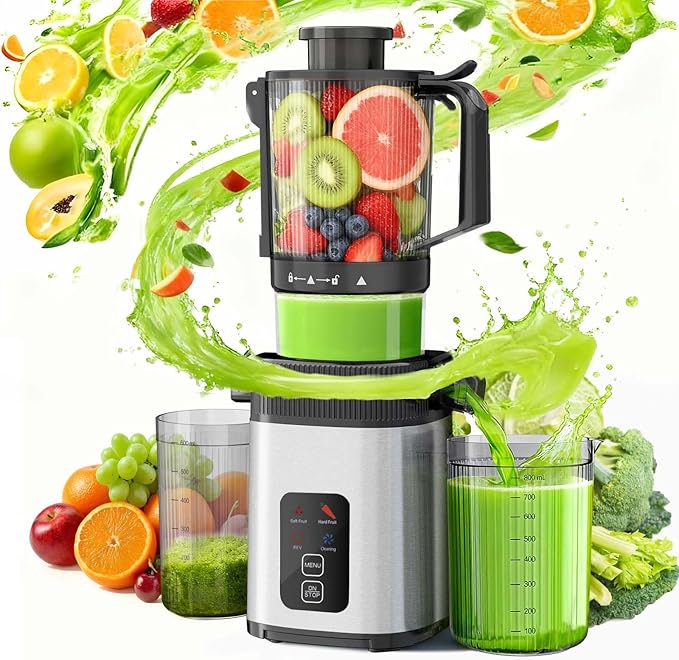 Kismile Cold Press Juicer Machine with Touch Control & 3 Modes, 4.5” Wide Feed Chute Slow Juicer for Whole Fruits & Vegetables, Stainless Steel Juicer Press, Easy to Clean, High Juice Yield for Home