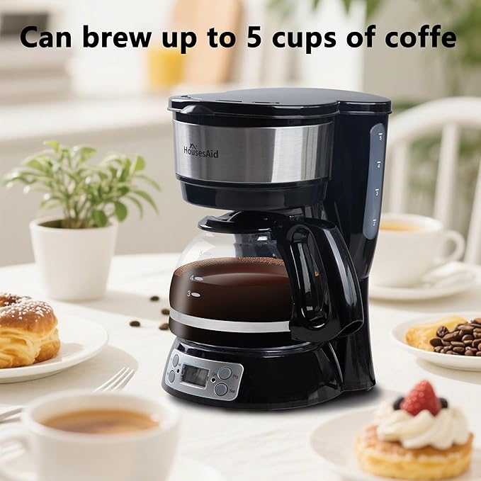 5-Cup Programmable Drip Coffee Maker with Digital Timer, Glass Carafe,24-Hour Auto Brew,2-Hour Auto Shut-Off, Pause & Pour, Removable Filter Basket,Compact Coffee Machine for Home & Office
