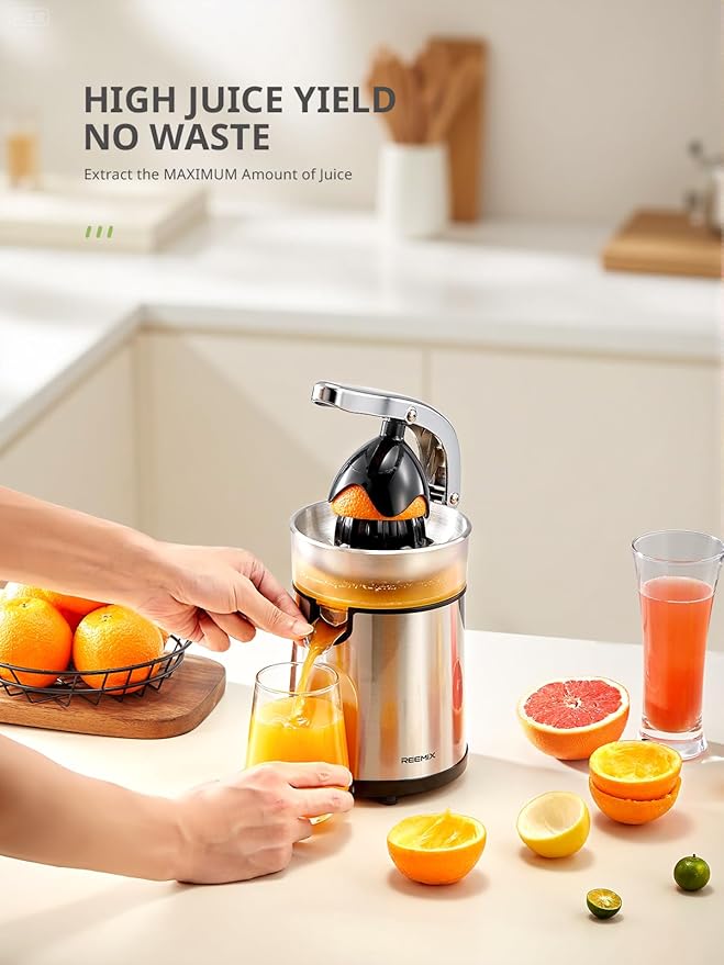 Electric Citrus Juicer Squeezer, Orange Juicer with Two Interchangeable Cones, Suitable for orange, lemon and Grapefruit, Brushed Stainless Steel, Easy to Clean and Use (Stainless Steel)