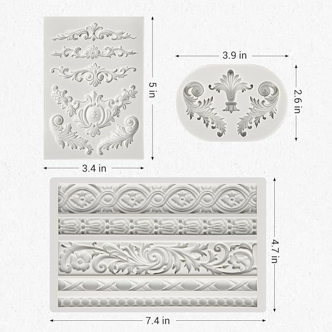 JOERSH 3PCS Baroque Silicone Molds Scroll Border Mold Baroque Clay Mold Fondant Molds for Wedding Birthday Cake Decorating, Chocolate, Sugar, Clay Crafts