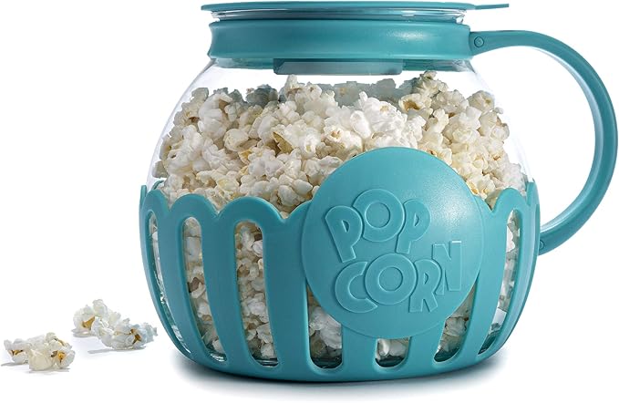 Ecolution Patented Micro-Pop Microwave Popcorn Popper with Temperature Safe Glass,3-in-1 Lid Measures Kernels and Melts Butter,Made Without BPA,Dishwasher Safe,3-Quart,Teal,(Pack of 4)
