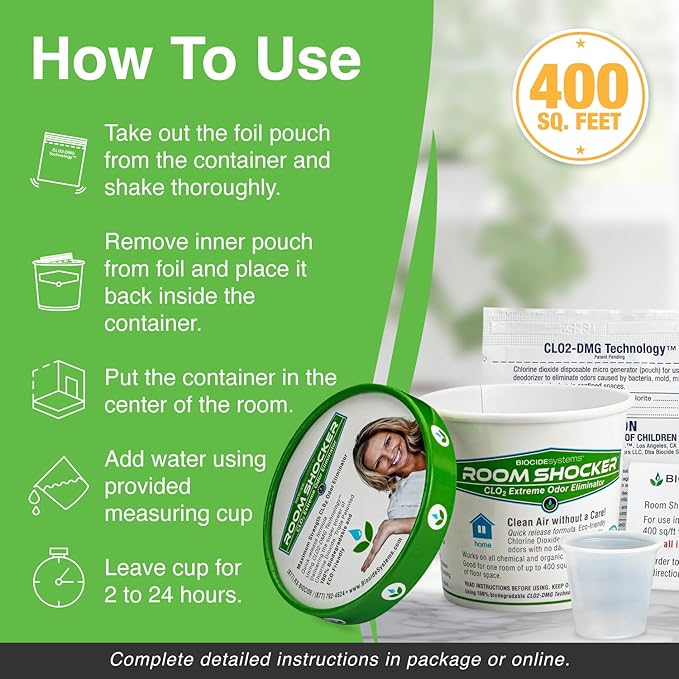 Biocide Systems Room Shocker Strong Odor Eliminator for Home & Office, Eco-Friendly Chlorine Dioxide Odor Bomb for House Interior Up to 400 Square Feet of Floor Space (Single Pack)