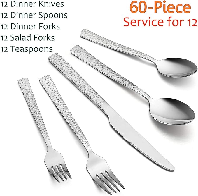 E-far 60-Piece Silverware Set, Hammered Stainless Steel Square Flatware Cutlery Set for 12, Tableware Set Eating Utensils for Home Kitchen Restaurant, Modern Design & Mirror Polished - Dishwasher Safe