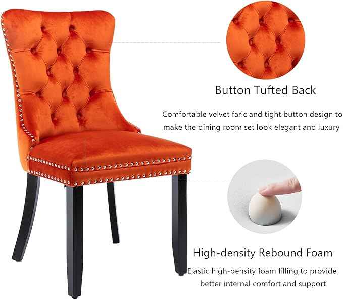 Velvet Dining Chairs Set of 6, Upholstered Dining Room Chairs with Back Ring Pull Trim and Solid Wood Legs,Tufted Wingback Kitchen Chair Perfect for Dining Room,Living Room,Kitchen(Orange)
