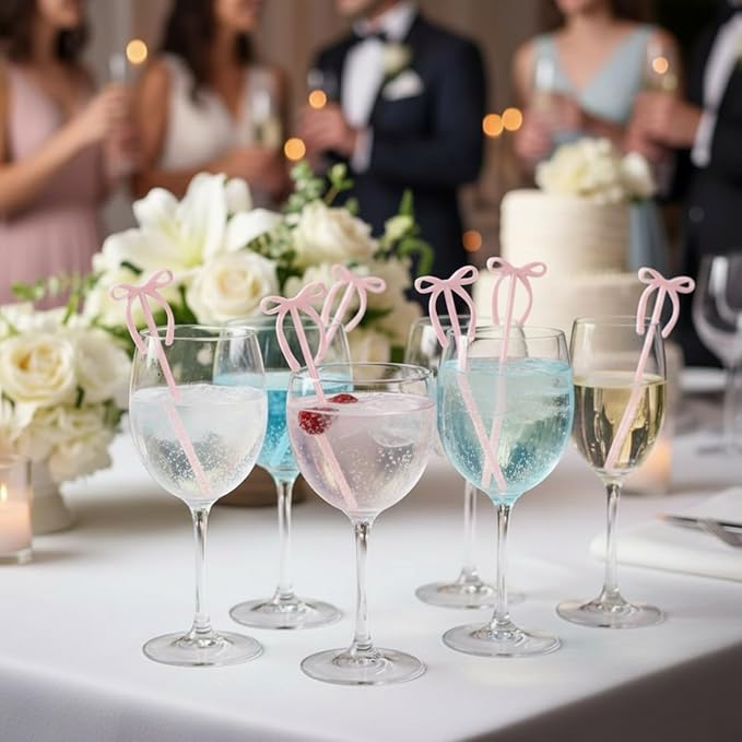 SiliFine 30 Pcs 6 Inch Party Drink Stirrers, Bow Stir Sticks Coffee Stirrers Reusable Plastic Swizzle Sticks for Wedding Birthday Bridal Cocktail Decorations Galentines Supplies(Rose Gold)