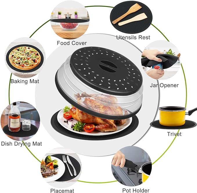 12"&10" Microwave food Cover and Mat,Large Vented Collapsible Splatter Guard dish Plate lid & Silicone Round Kitchen mat,4 in 1