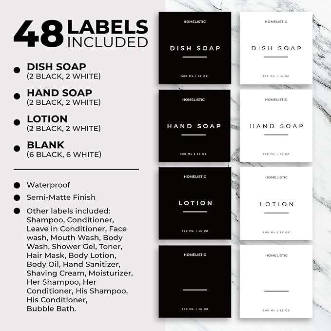 Homelistic Clear Glass Soap Dispenser Set with Champagne Gold Pump – 16oz Refillable Kitchen & Bathroom Soap Dispensers (2 Pack) Rust-Resistant Stainless Steel Pumps, 48 Labels