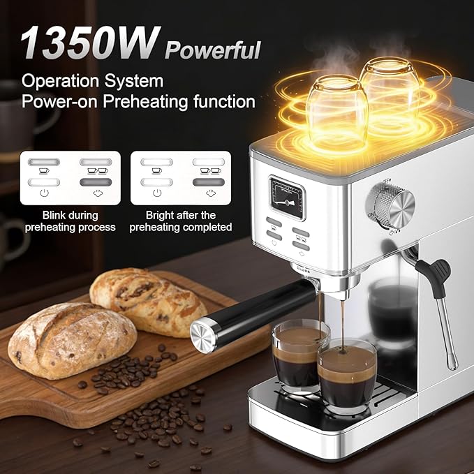 Electactic Espresso Machine 20 Bar, Stainless Steel Coffee Machine with Steam Milk Frother & 47oz Removable Water Tank, Hot Water Function for Home Cappuccino, Latte
