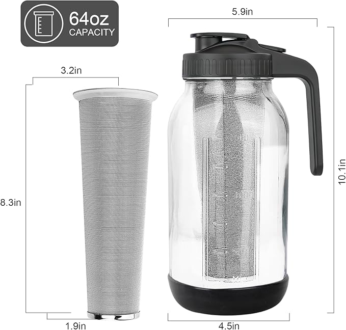 Cold Brew Coffee Maker, 64oz Mason Jar Pitcher with Stainless Steel Filter, Sealed, Leak-Proof Lid with Pour Spout & Handle, Heavy Duty Glass Iced Coffee Tea Brewer with Non-Slip Silicone Base-Black