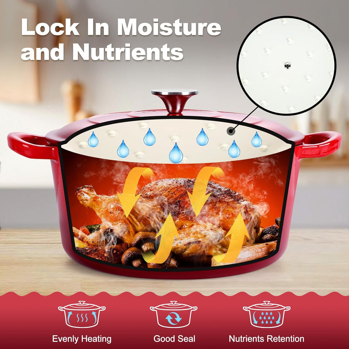 P&P CHEF 7QT Enameled Dutch Oven, Cast Iron Dutch Oven Pot with Lid for Bread Baking, Enameled Casserole Pot for Roasting Braising Stewing Frying Simmering, Various Stoves & Easy Clean, Red