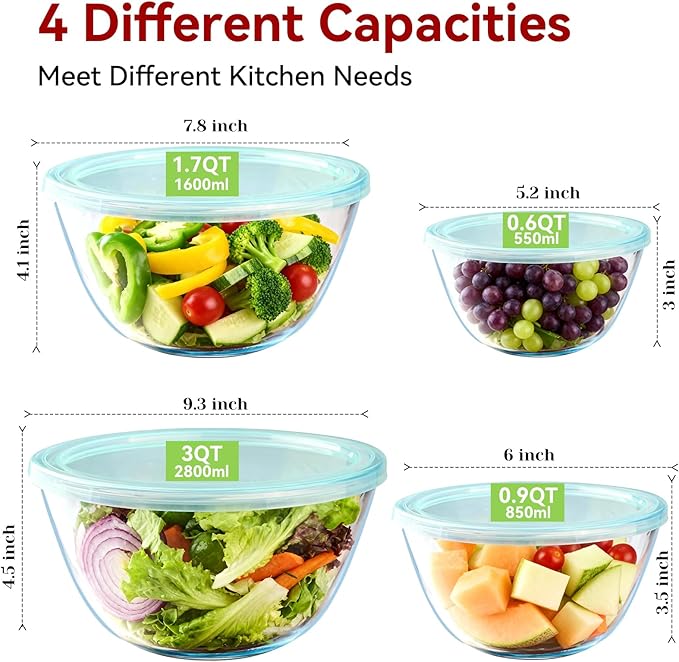 YUANYE 4 Pack Glass Mixing Bowls with Lids Set (3/1.7/0.9/0.6QT),Thick Glass Large Salad Bowl Set, Nesting Kitchen Bowls for Serving, Prepping, Cooking and Baking, Dishwasher, Oven,Microwave Safe