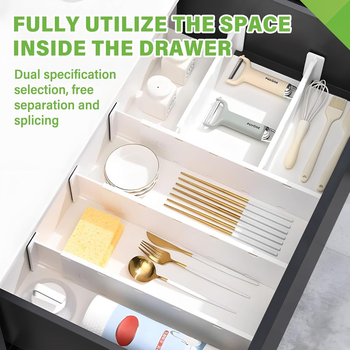 5 Pack Drawer Dividers 3.7" High Slim Organizers Expandable 14.8-25.6" Adjustable Separators for Shallow Drawers Kitchen Utensils Baby Clothes Underwear Storage-White(Long)