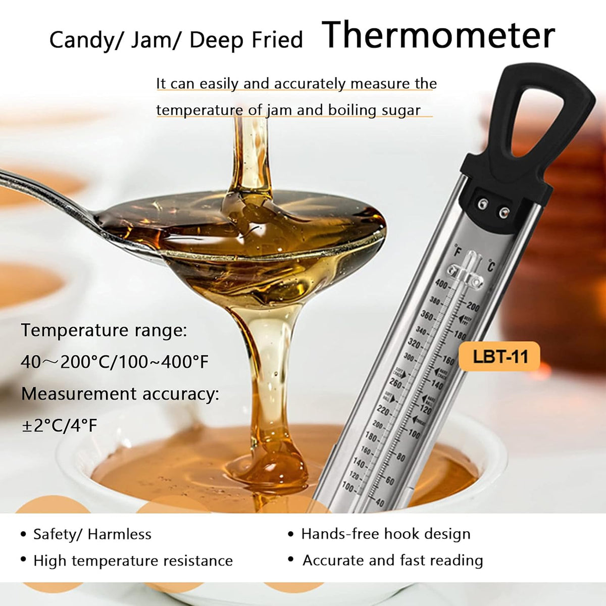 Candy Thermometer with Pot Clip, 2 Pack Deep Fry Oil Kitchen Food Cooking Thermometer for Jam, Syrup, Jelly, and Deep Fry, Stainless Steel Instant Read Candy Thermometer for Candy Making