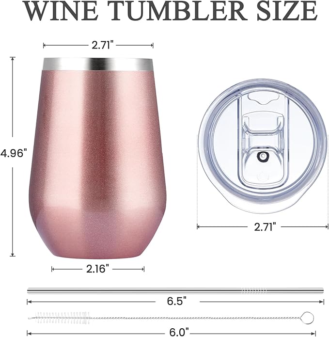MEWAY Stemless 12oz Insulated Wine Tumbler with Lid and Straw - Double Wall Stainless Steel Thermal Cup for Hot and Cold Drinks, Bridal Shower Prizes for winners(Rose Gold,1)