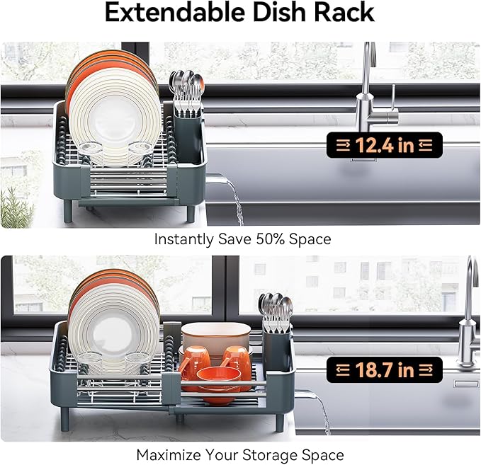 Urackify Stainless Steel Dish Drying Rack - Dish Drainer for Kitchen Counter, Extendable Drainboard with Foldable, Space-Saving Cup & Bowl Organizer, Includes Knife and Utensil Holder, Matte-Green