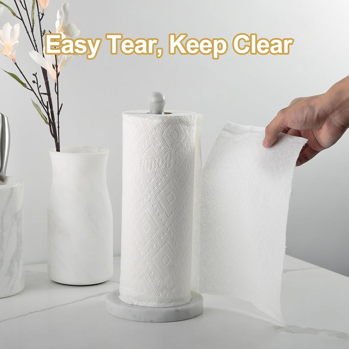 Koville Carrara Marble Paper Towel Holder Countertop, 6“ Genuine Stone Paper Towel Holder Stand for Kitchen Storage, for Standard or Jumbo-Sized Rolls