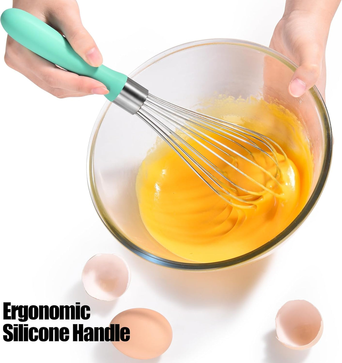 18/8 Stainless Steel Balloon Whisk, Doosu Kitchen Whisk for Cooking Handheld Egg Beater with Rust-Proof Sturdy Wires & Non-Slip Silicone Handle for Beating, Stirring, Blending (8 Wires, Aqua Sky)