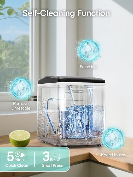Nugget Ice Maker Countertop, 40lbs/24H Chewable Pellet Ice Machine with Self-Cleaning, Ready in 6 Minutes, Portable Ice Makers with Basket and Scoop for Home, Kitchen, Office (Silver)