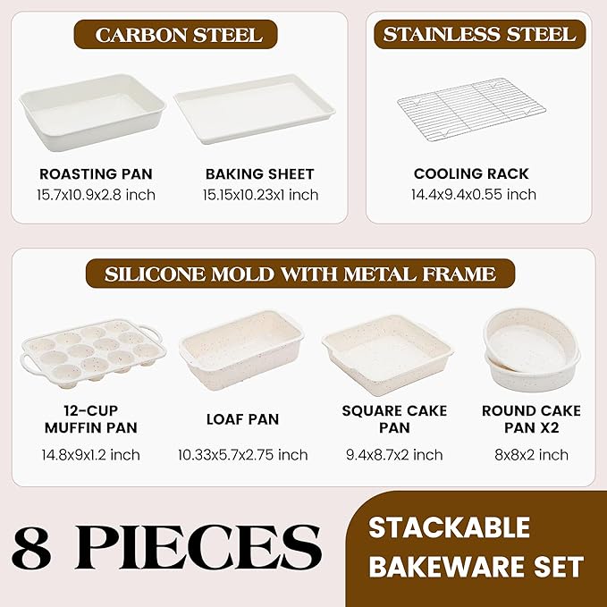 8 Pcs Baking Pans Set, Silicone Bakeware Sets with Metal Reinforced Frame, Nonstick Stackable Carbon Steel Non Toxic Baking Sets for Cooking (Cream)
