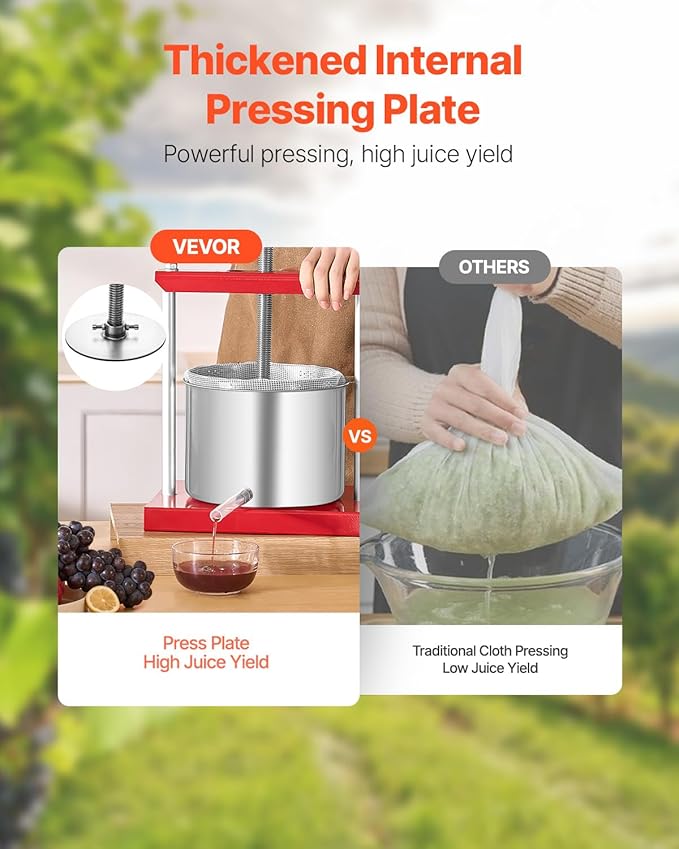 VEVOR 1.6 Gal/6L Fruit Wine Press, 2 Stainless Steel Barrels, Manual Juice Maker, Cider Apple Grape Tincture Honey Olive Oil Making Press with T-Handle for Outdoor Kitchen Home