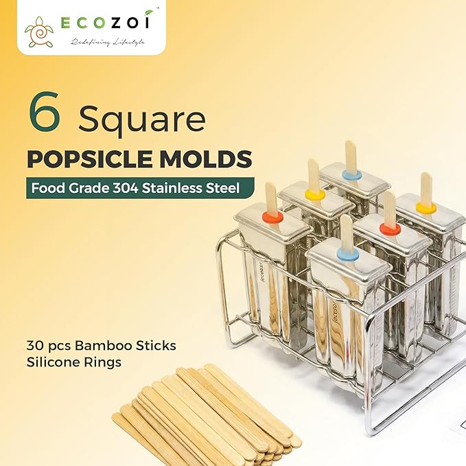 Ecozoi Stainless Steel Popsicle Molds and Rack - 6 Square Ice Pop Makers + 30 Reusable Bamboo Sticks + 12 Silicone Seals + 1 Cleaning Brush +1 Rack