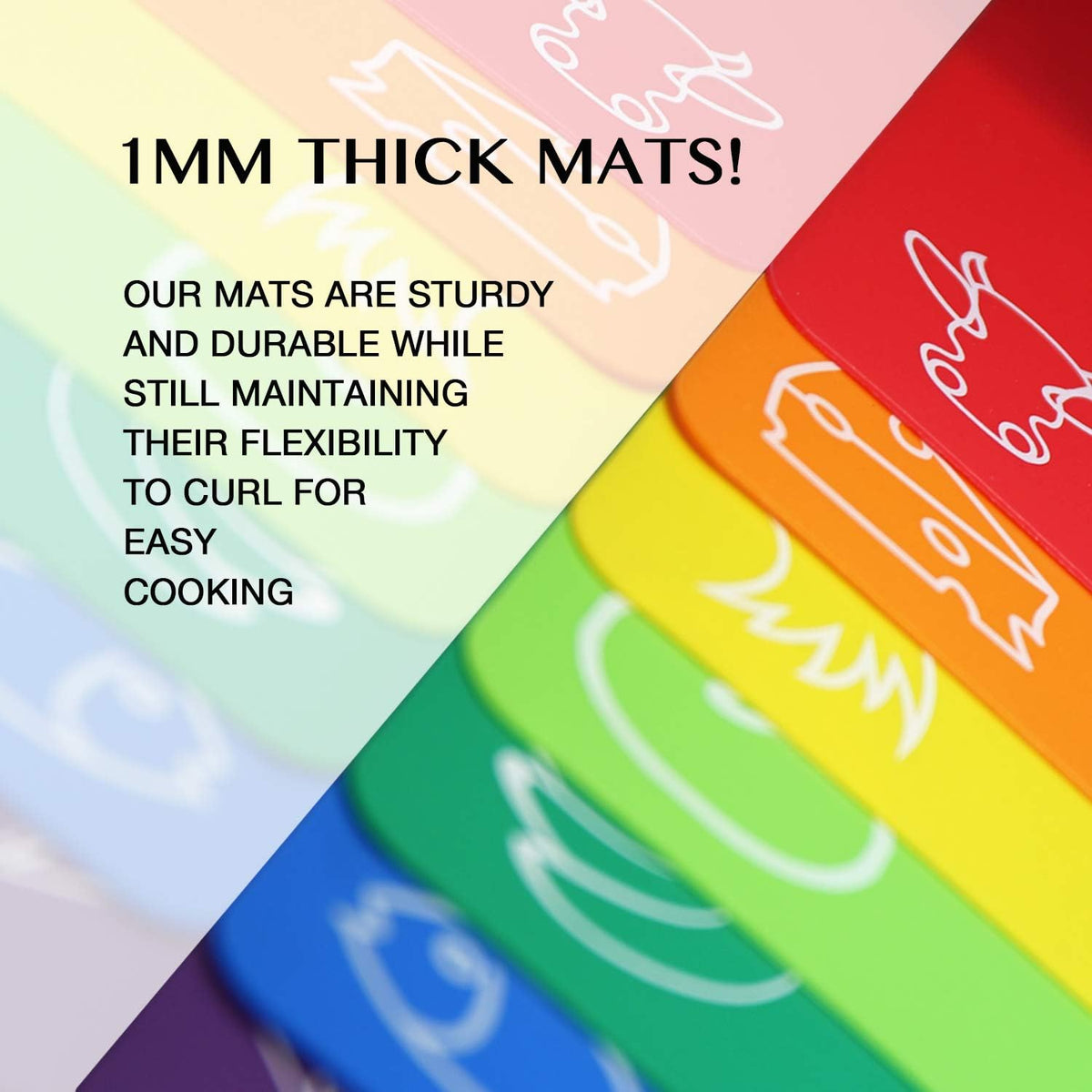 Cutting Board Mats Flexible Plastic Colored Mats with Food Icons, Fotouzy BPA-Free, Non-Porous, Anti-skid back and Dishwasher Safe, Set of 7+1 8 Pieces