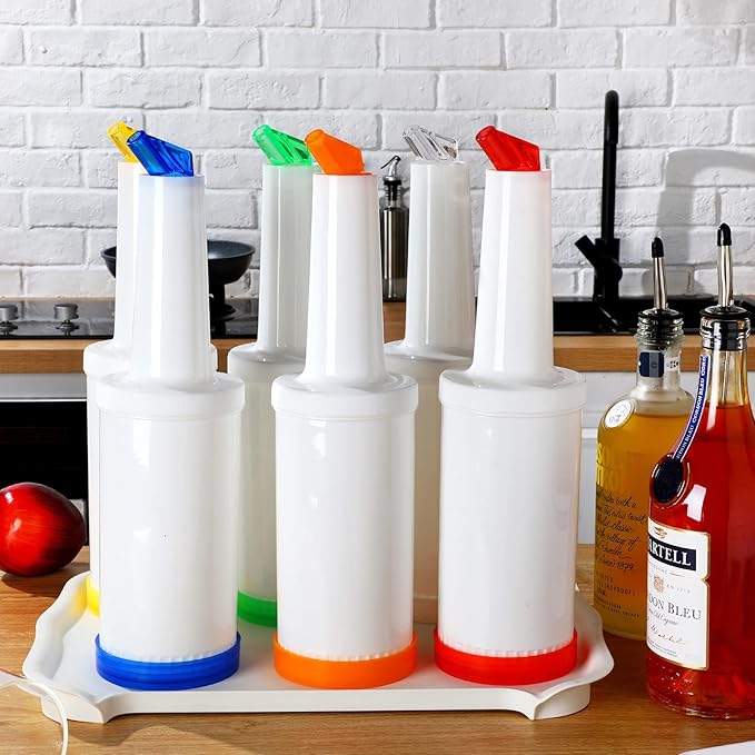 CHENGU Fruit Juice Pour Bottles 34 oz Plastic Liquor Bar Supplies with Stainless Steel Bottle Pourer Tapered Spout for Cocktail Bartending Liquor Juice Store(Multi Colors,6 Pack)
