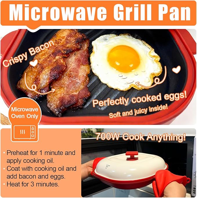 AHJ Microwave Grill Pan with Lid, Microwave Cooker Multi-Use for Grilling, Frying, Browning and Crisping, Microwave Griller & Crisper Pan for Grill Meat, Sandwich, Vegetable, Egg, Potatoes (Red)