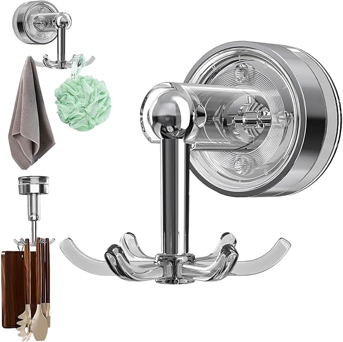 MFMYEE Kitchen Suction Cup Hook, 360 Degree Rotating Storage with Multiple Claws, Punch-Free Organizer, Shower Suction Cup with 6 Hooks (Transparent)
