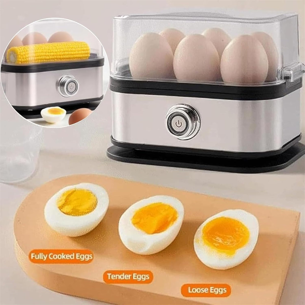 Sunny Side Master Egg Cooker, Multi-functional 6-Egg Rapid Cooking Capacity, Electric Poacher with Stainless Steel Design, For Soft Medium Hard Boiled Eggs and Omelettes (1Pcs)