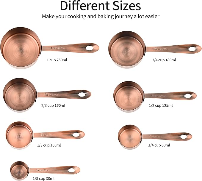 Smithcraft Measuring Cups Set, Copper Measuring Cup Set 7, Stainless Steel Measuring Cups, Kitchen Metal Measuring Cup, Dry Baking Measuring Cups Set, 1/8, 2/3 & 3/4 Heavy Duty Measure Cups for Food